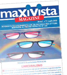 La rivista Maxivista Magazine con un paio di occhiali per lettura, in edicola